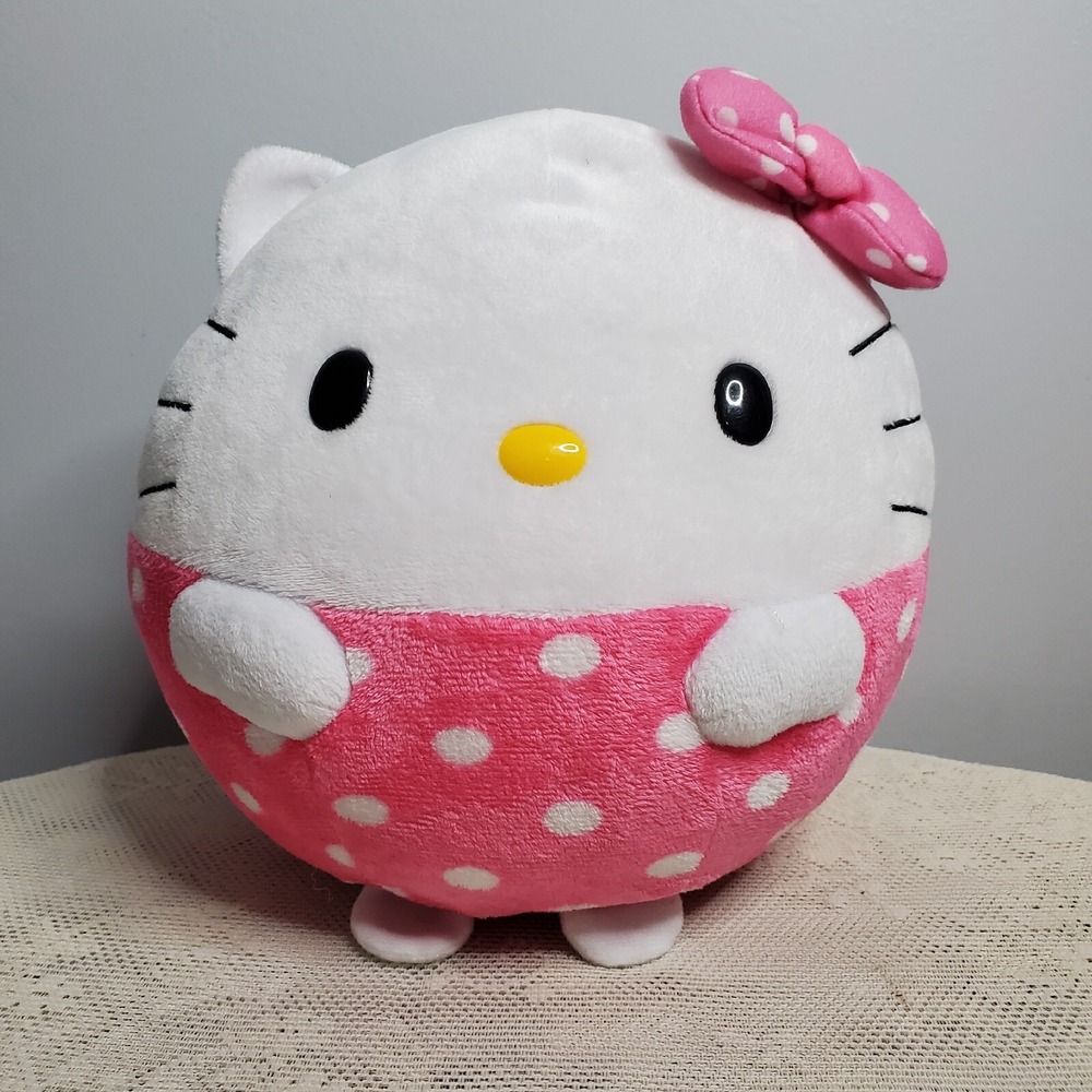HELLO KITTY 9" 2012 TY BEANIE BALLZ SANRIO PLUSH‎ BALL PINK WHITE POLKA DOTS